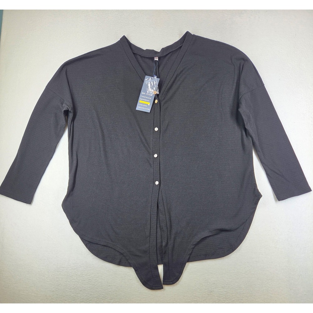 Iwollence Waffle Knit Tie Front Button Down Top Black 2XL NEW